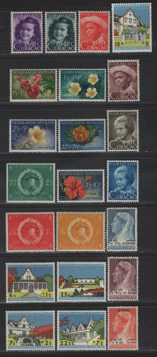 Netherlands Antilles SC#B1-B9, B21-B25, B28-B30, B43-B47 1.5c - 2.5c on 6c - 25c+7.5c Brown Violet - Multicolored Queen Wilhelmina - Community House, 1947-1959 Semi Postal Issues, 22 F/VFOG Singles