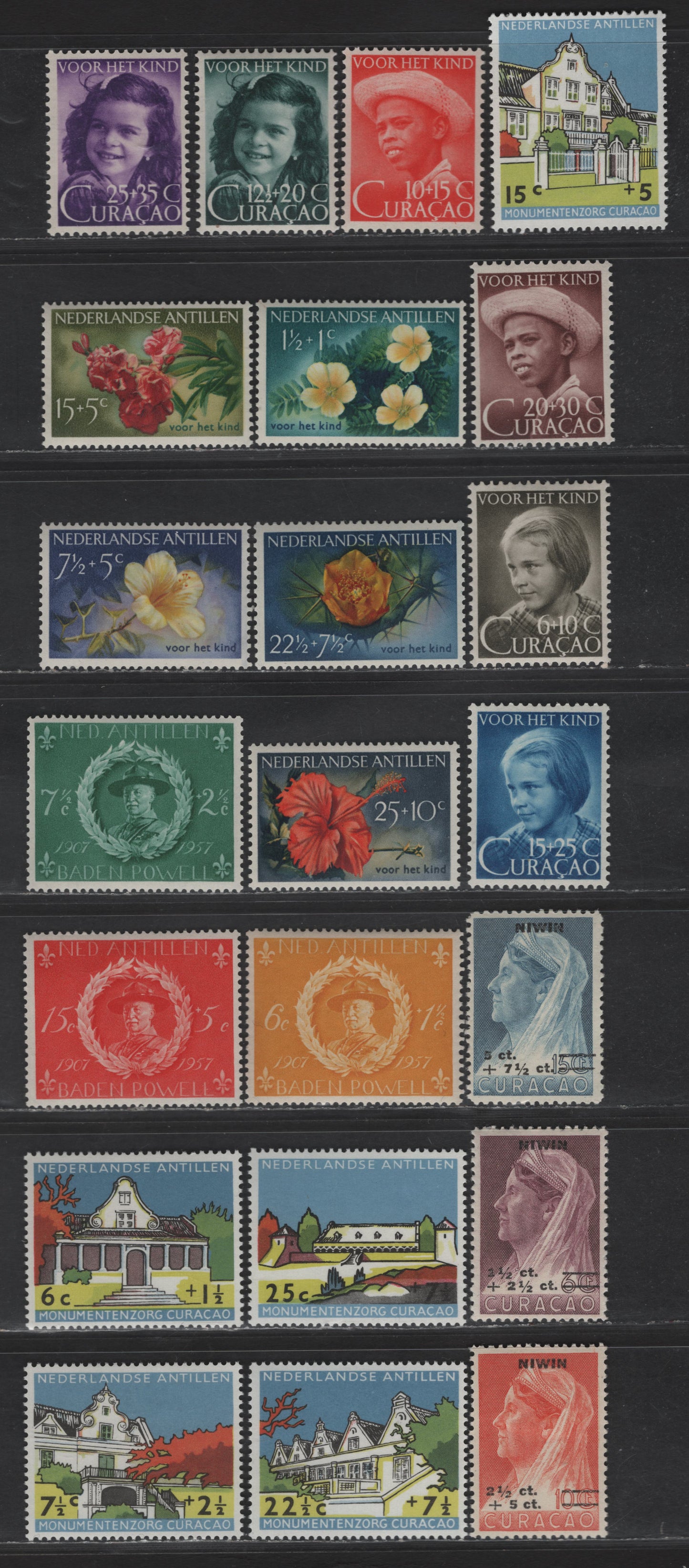 Lot 356 Netherlands Antilles SC#B1-B9, B21-B25, B28-B30, B43-B47 1.5c - 2.5c on 6c - 25c+7.5c Brown Violet - Multicolored Queen Wilhelmina - Community House, 1947-1959 Semi Postal Issues, 22 F/VFOG Singles