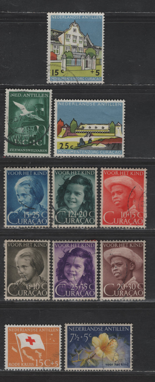 Lot 357 Netherlands Antilles SC#B4-B9, B15, B22, B45, B47, B41 6c+10c - 25c+7.5c Olive Brown - Multicolored Curacao Children - Community House, 1948-1959 Semi Postal Issues, 11 Fine/Very Fine Used Singles