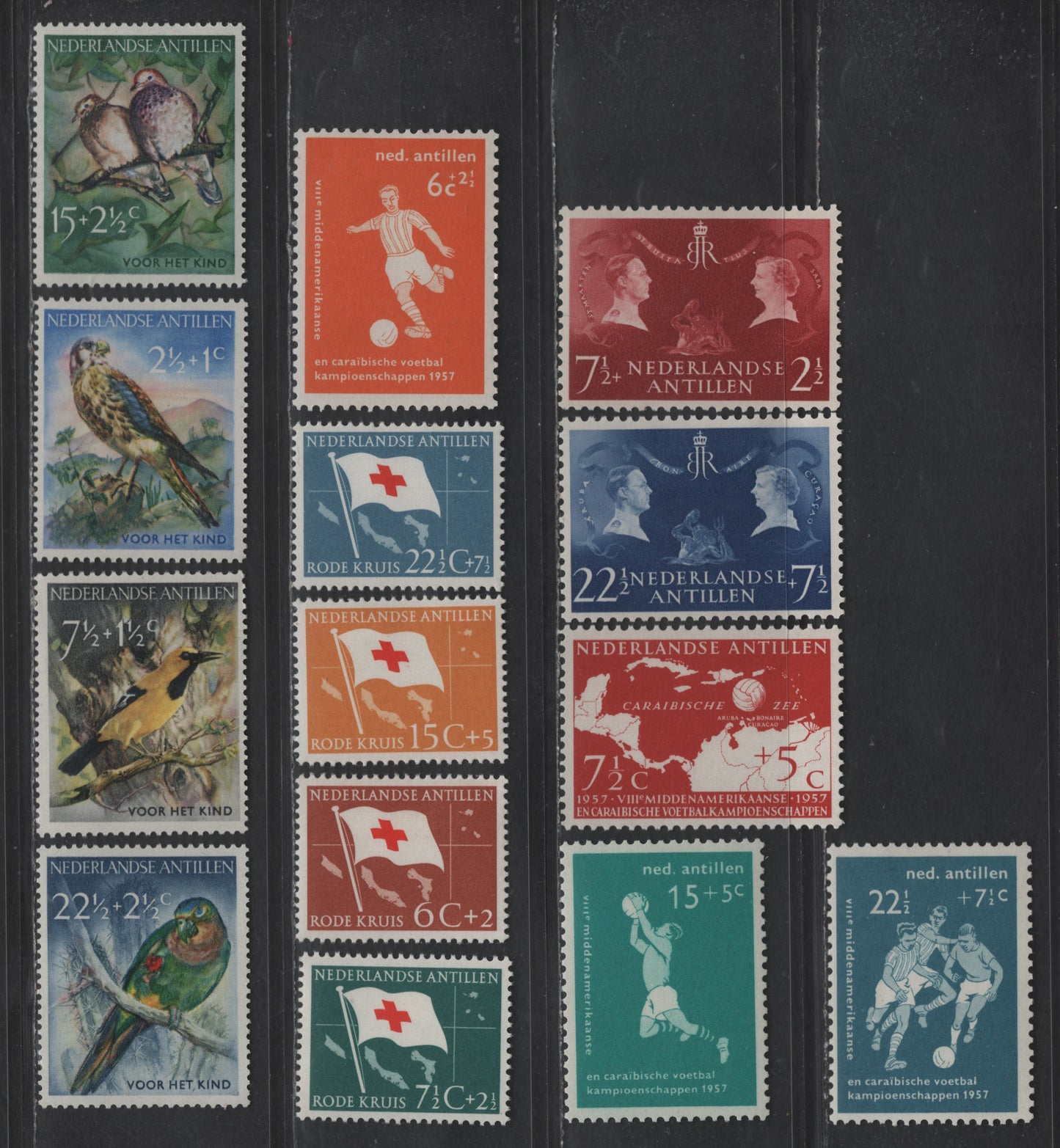 Lot 359 Netherlands Antilles SC#B26-B27, B31-B42 7.5c+2.5c - 22.5c + 7.5c Rose Brown - Blue Prince Bernhard & Queen Juliana - Flag & Map, 1955-1958 Semi Postal Issues, 14 VFOG Singles