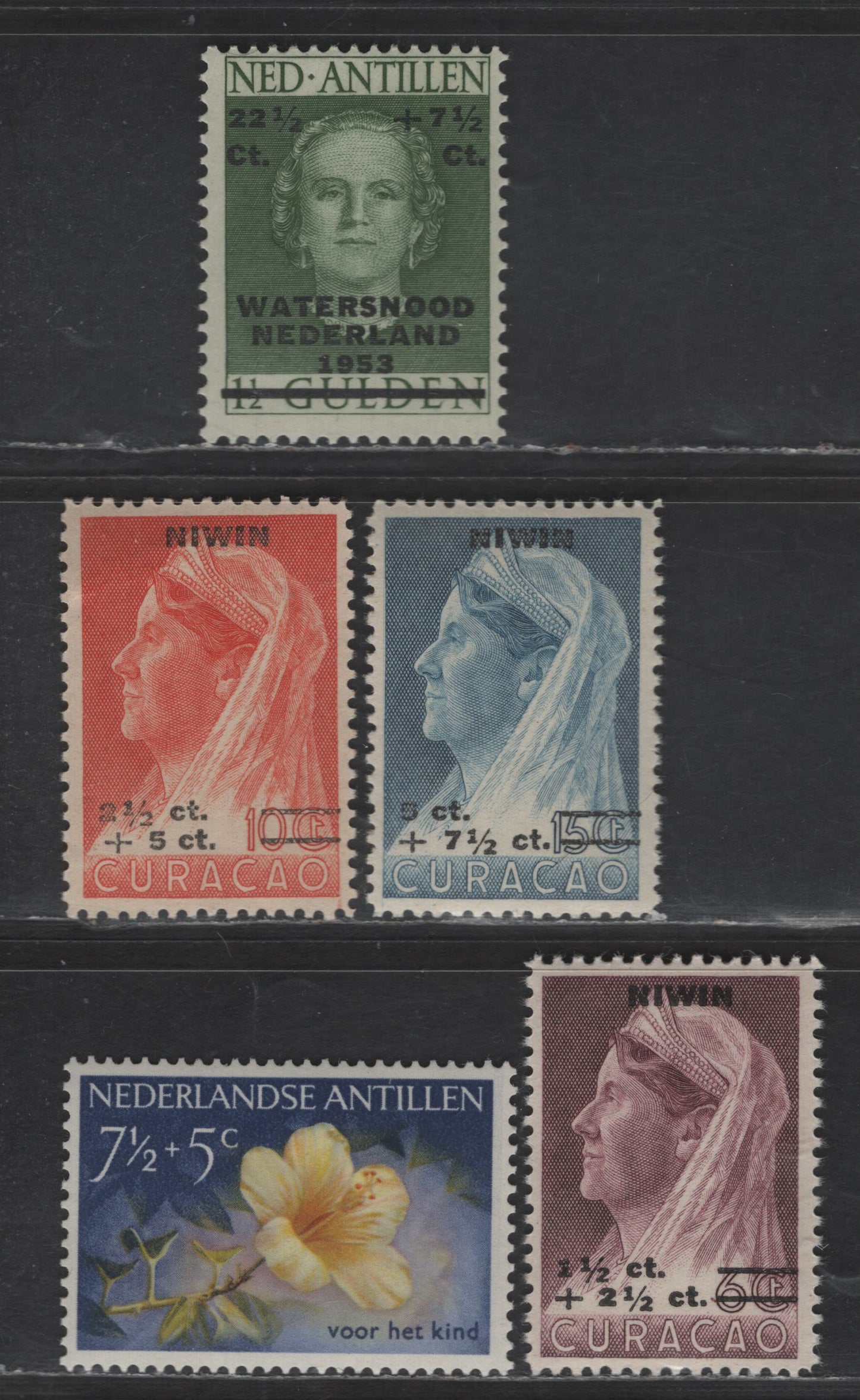 Lot 360 Netherlands Antilles SC#B1-B3, B20, B22 1.5c - 2.5c on 6c - 7.5c + 5c Brown Violet - Olive Green Queen Wilhelmina - Yellow Hibiscus, 1947-1955 Semi Postal Issues, 5 VFNH Singles