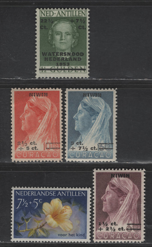 Lot 360 Netherlands Antilles SC#B1-B3, B20, B22 1.5c - 2.5c on 6c - 7.5c + 5c Brown Violet - Olive Green Queen Wilhelmina - Yellow Hibiscus, 1947-1955 Semi Postal Issues, 5 VFNH Singles