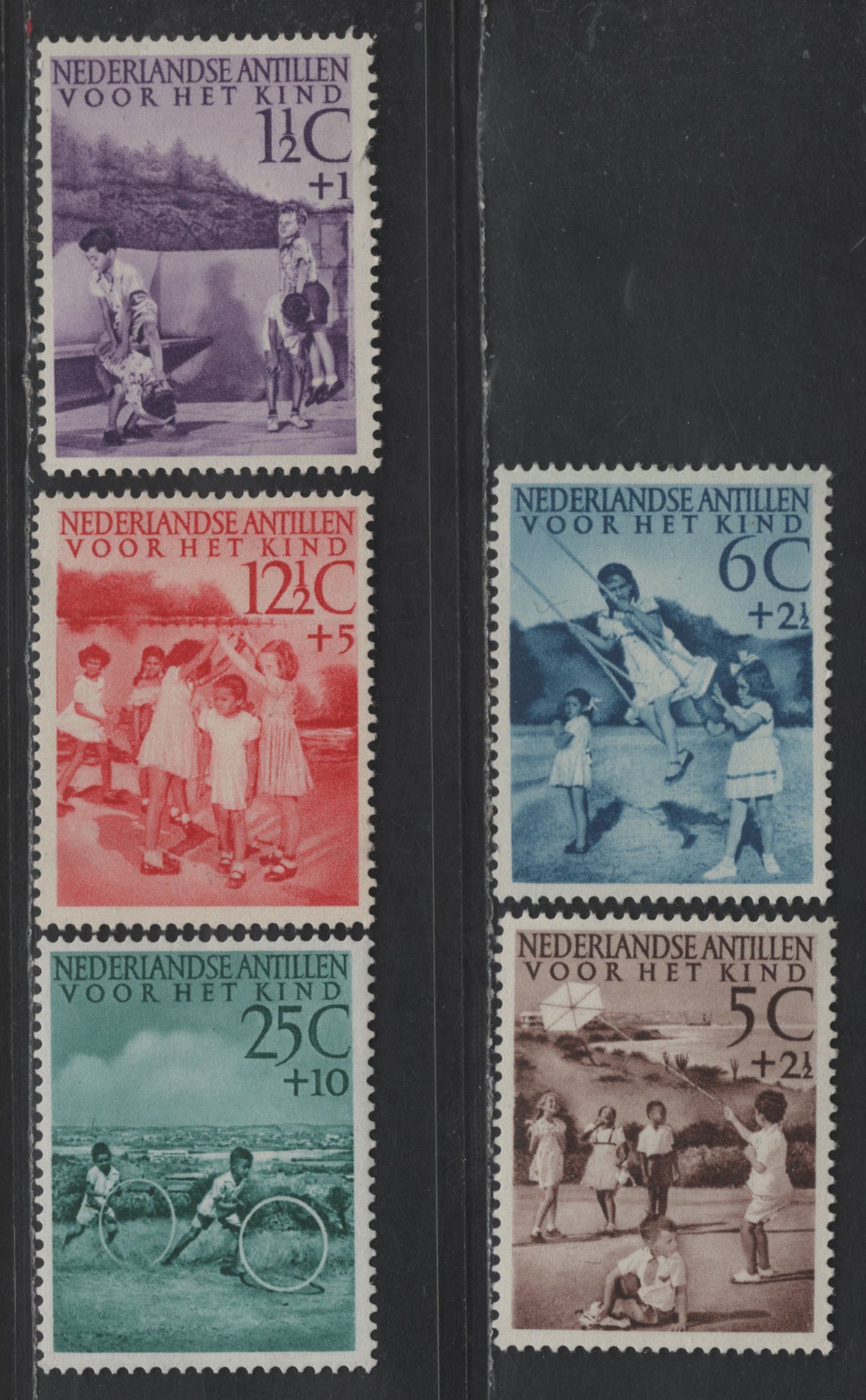 Lot 361 Netherlands Antilles SC#B10-B14 1.5c+1c - 25c+10c Purple - Dull Green Child Welfare, 1951 Semi Postal Issue, 5 F/VFOG Singles