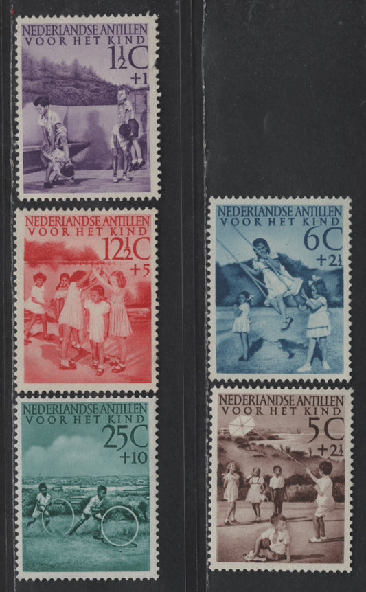 Lot 361 Netherlands Antilles SC#B10-B14 1.5c+1c - 25c+10c Purple - Dull Green Child Welfare, 1951 Semi Postal Issue, 5 F/VFOG Singles