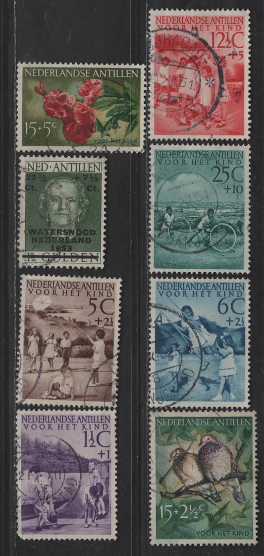 Netherlands Antilles SC#B10-B14, B20, B23, B37 1.5c +1c - 15c+2.5c Purple - Multicolored Child Welfare, 1951-1958 Semi Postal Issues, 8 Very Fine Used Singles