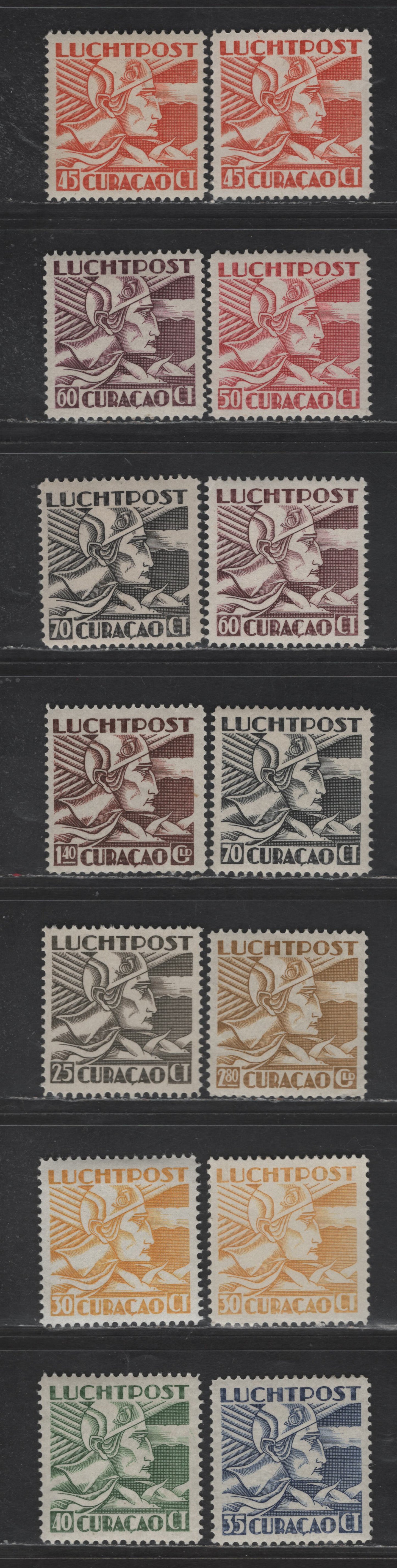 Lot 363 Netherlands Antilles SC#C7-C16 25c - 2.80g Gray - Bistre Allegory of Flight, 1931-1939 Airmail Issue, Subtle Shade & Gum Variations