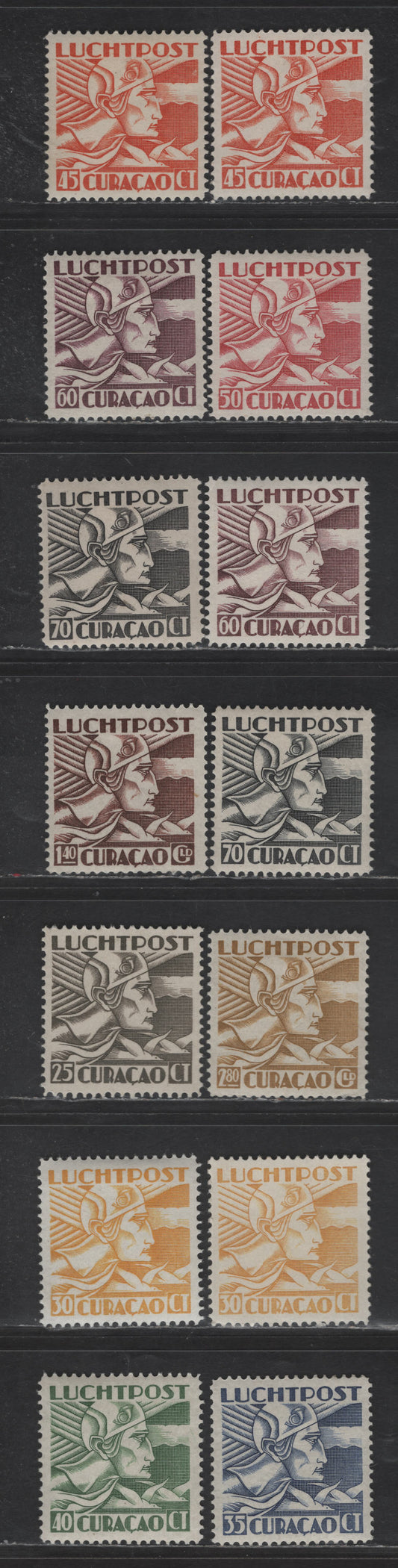 Lot 363 Netherlands Antilles SC#C7-C16 25c - 2.80g Gray - Bistre Allegory of Flight, 1931-1939 Airmail Issue, Subtle Shade & Gum Variations