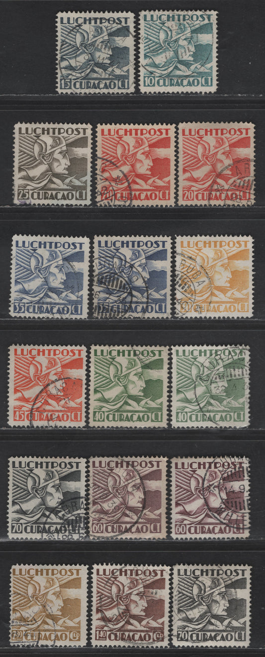 Lot 364 Netherlands Antilles SC#C4-C11, C13-C16 10c - 2.8g Prussian Green - Bistre Allegory of Flight, 1931-1939 Airmail Issue, Shade Varieties