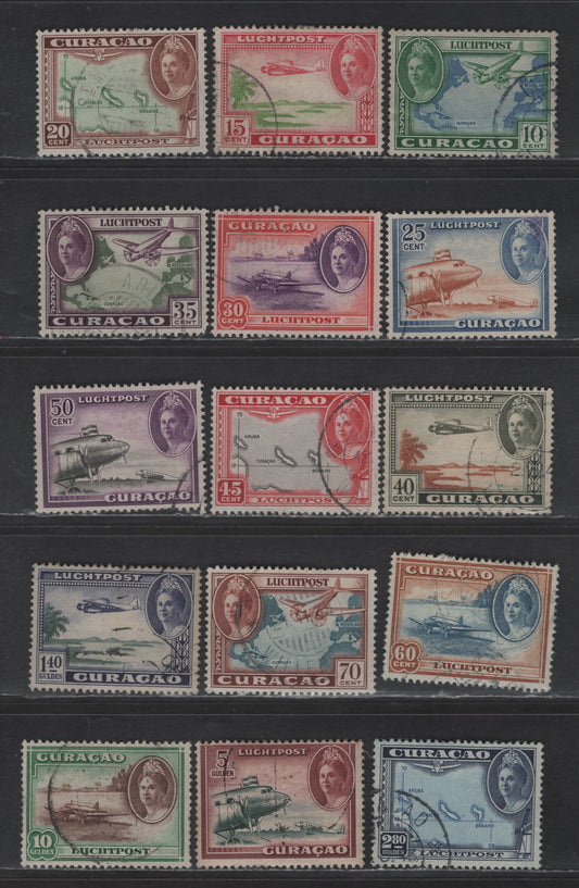 Lot 365 Netherlands Antilles SC#C18-C32 10c - 10g Green & Blue - Green & Red Brown Scenic Airmail & Queen Wilhelmina, 1942 Scenic Airmail Issue, 15 Fine/Very Fine Used Singles