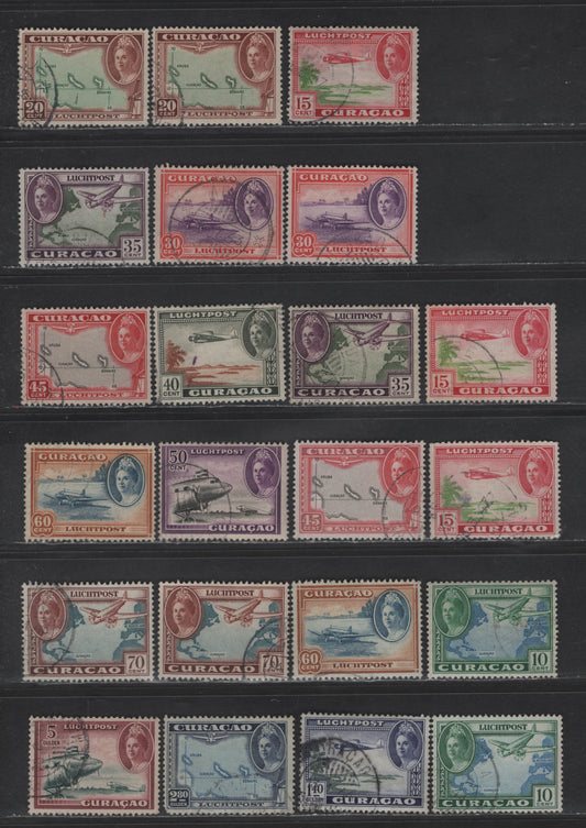 Lot 366 Netherlands Antilles SC#C18-C31 10c - 5g Green & Blue - Rose Lake & Slate Green Scenic Airmail & Queen Wilhelmina, 1942 Scenic Airmail Issue, Subtle Shade Varieties