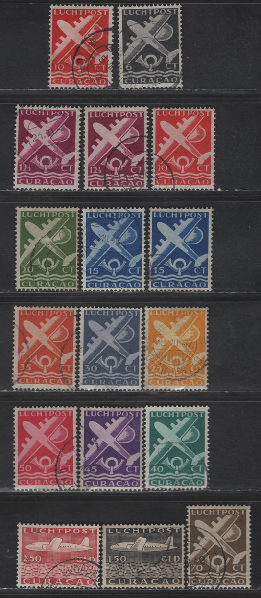 Lot 369 Netherlands Antilles SC#C32A-C41, C43-C45 6c - 2.5g Gray Black - Dark Carmine Airplanes, 1947 Airmail Issue, Subtle Shade Varieties