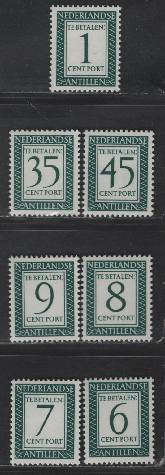 Lot 377 Netherlands Antilles SC#J41, J44-J47, J54, J56 1c - 45c Dark Blue Green Numeral, 1953-1959 Postage Due, 7 VFOG Singles Medium & High Fluorescent Papers,