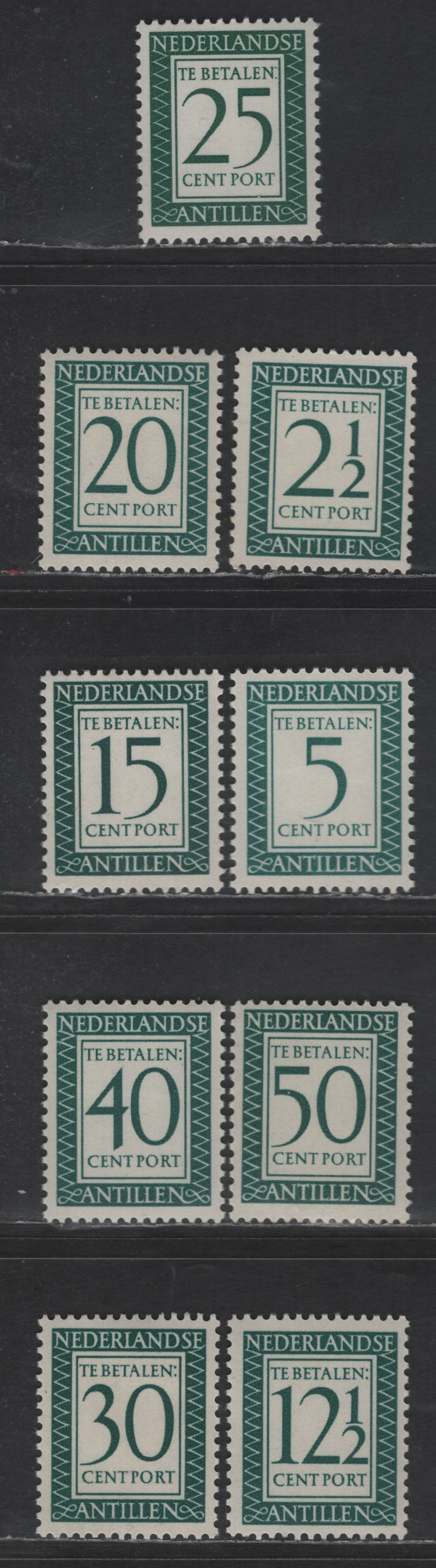 Netherlands Antilles SC#J42-J43, J49-J53, J55, J57 2.5c - 50c Dark Blue Green Numeral, 1953-1959 Postage Due, 9 F/VFOG Singles, Plain Non-Fluorescent Paper