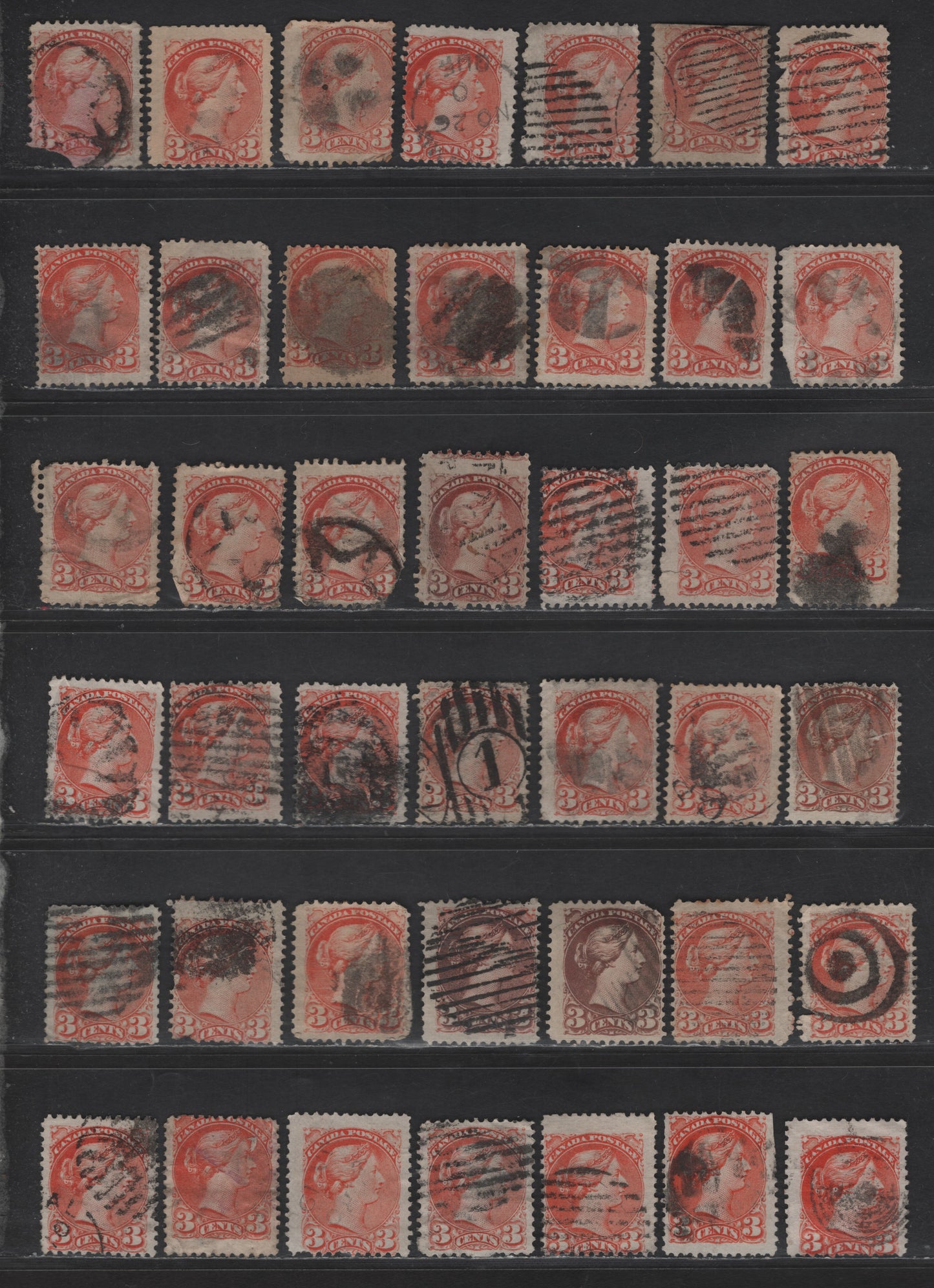 Lot 380 Canada SC#37, 37c 3c Dull Red/Reddish Orange Queen Victoria, 1870-1893 Small Queen Issue, 60 Ungraded Singles, Mid to Late Montreal Printings, Various Papers, Largely Damaged, No Pos. Dots