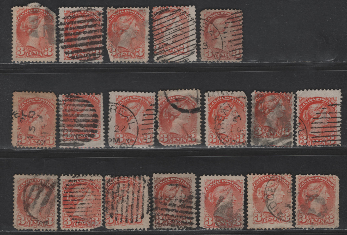 Lot 380 Canada SC#37, 37c 3c Dull Red/Reddish Orange Queen Victoria, 1870-1893 Small Queen Issue, 60 Ungraded Singles, Mid to Late Montreal Printings, Various Papers, Largely Damaged, No Pos. Dots