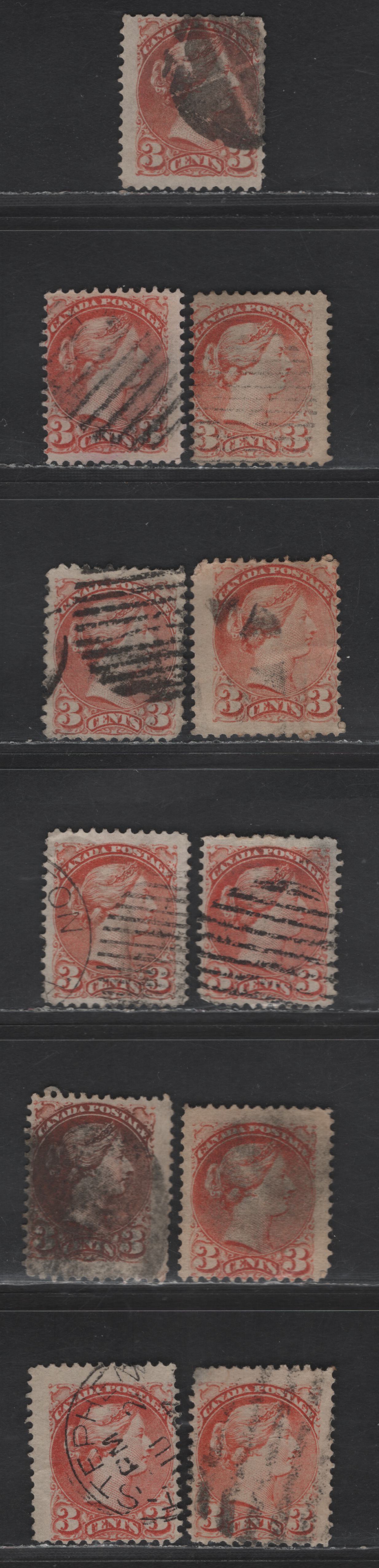 Lot 381 Canada SC#37c 3c Red & Dull Red Queen Victoria, 1870-1893 Small Queen Issue, 11 Ungraded Singles, Mid to Late Montreal Printings, Various Papers, Perf 12, No Pos. Dots