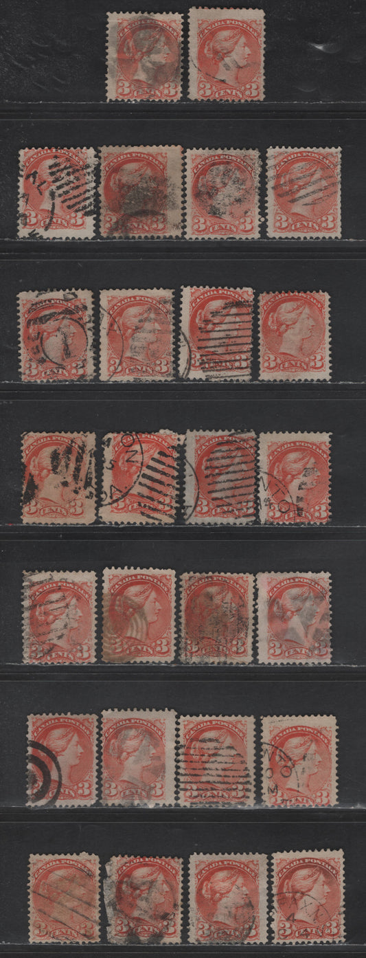 Lot 382 Canada SC#37 3c Dull Orange Red & Orange Red Queen Victoria, 1870-1893 Small Queen Issue, 26 Ungraded Singles, Mid to Late Montreal Printings, Various Papers, Perf 12, No Pos. Dots