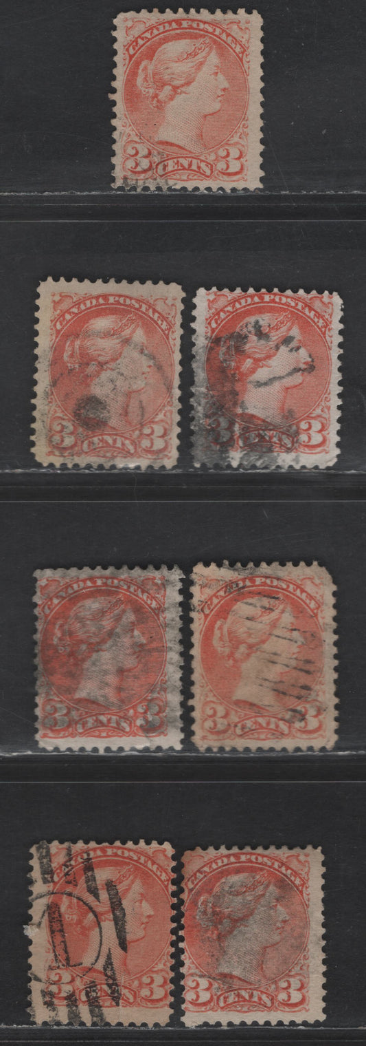 Lot 383 Canada SC#37 3c Dull Orange Red Queen Victoria, 1870-1893 Small Queen Issue, 7 Ungraded Singles, Mid to Late Montreal Printings, Various Papers, Perf 12, No Pos. Dots