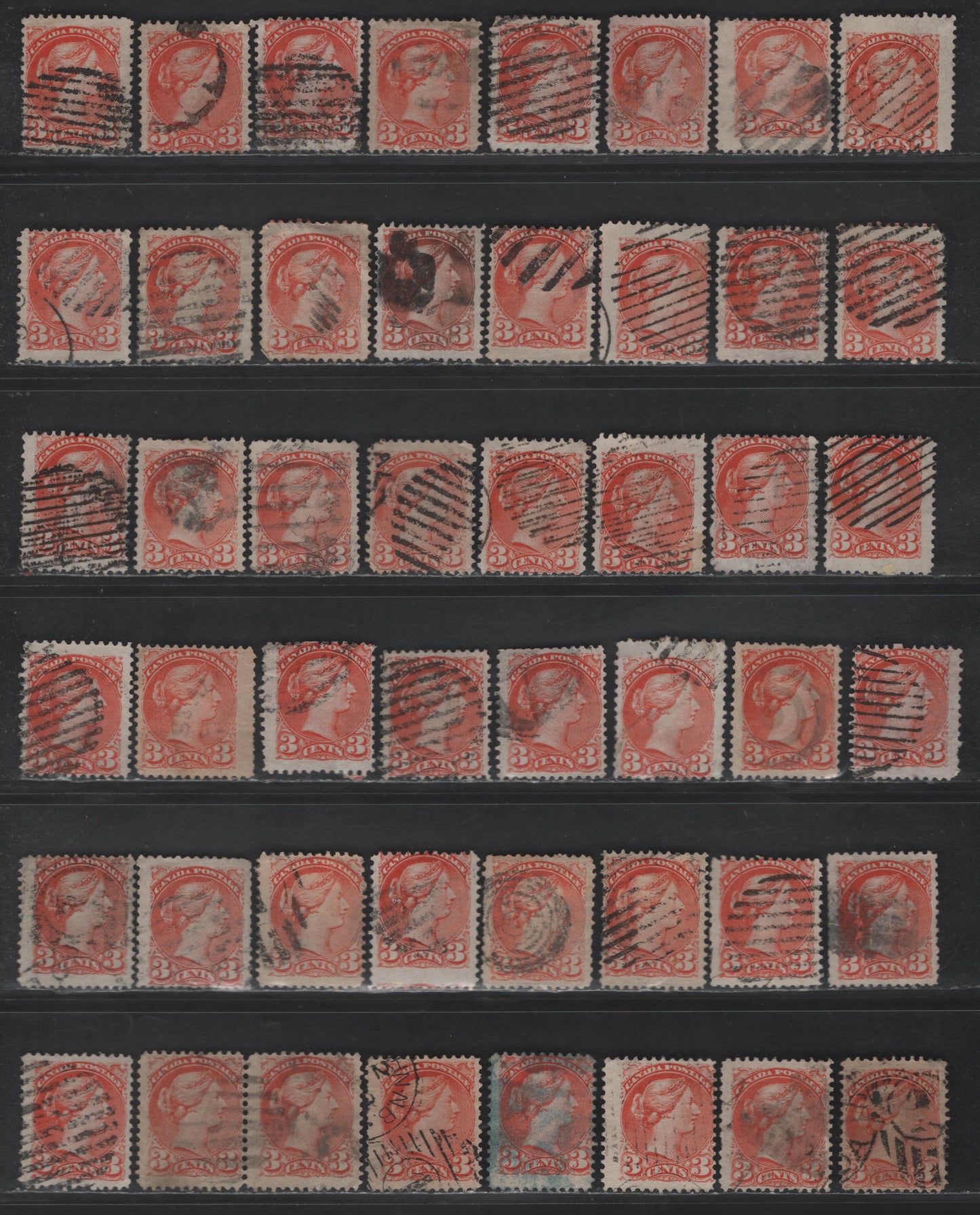 Lot 384 Canada SC#37 3c Red Orange, Bright Red Orange & Orange Queen Victoria, 1870-1893 Small Queen Issue, 60 Ungraded Singles, Mid to Late Montreal Printings, Various Papers, Perf 12, No Pos. Dots