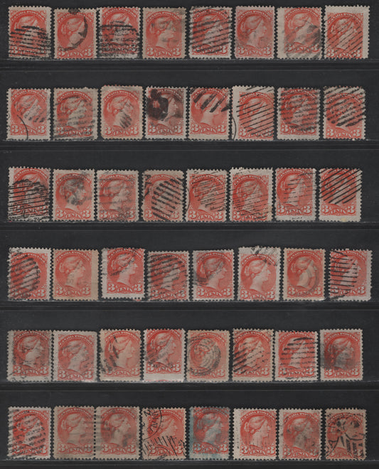 Lot 384 Canada SC#37 3c Red Orange, Bright Red Orange & Orange Queen Victoria, 1870-1893 Small Queen Issue, 60 Ungraded Singles, Mid to Late Montreal Printings, Various Papers, Perf 12, No Pos. Dots