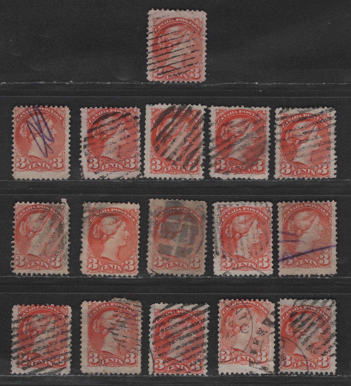 Lot 384 Canada SC#37 3c Red Orange, Bright Red Orange & Orange Queen Victoria, 1870-1893 Small Queen Issue, 60 Ungraded Singles, Mid to Late Montreal Printings, Various Papers, Perf 12, No Pos. Dots