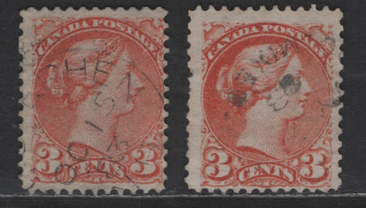 Lot 385 Canada SC#37 3c Dull Orange Red & Orange Red Queen Victoria, 1870-1893 Small Queen Issue, 2 Fine Used Singles, Mid to Late Montreal Printings, Papers MM-S & MM-U, Perf 12, No Pos. Dots