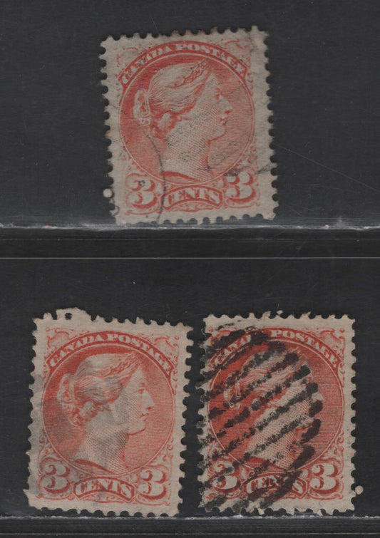 Lot 386 Canada SC#37 3c Dull Red Orange & Orange Red Queen Victoria, 1870-1893 Small Queen Issue, 3 Very Fine Used Singles, Mid to Late Montreal Printings, Paper MM-B, Perf 12, No Pos. Dots