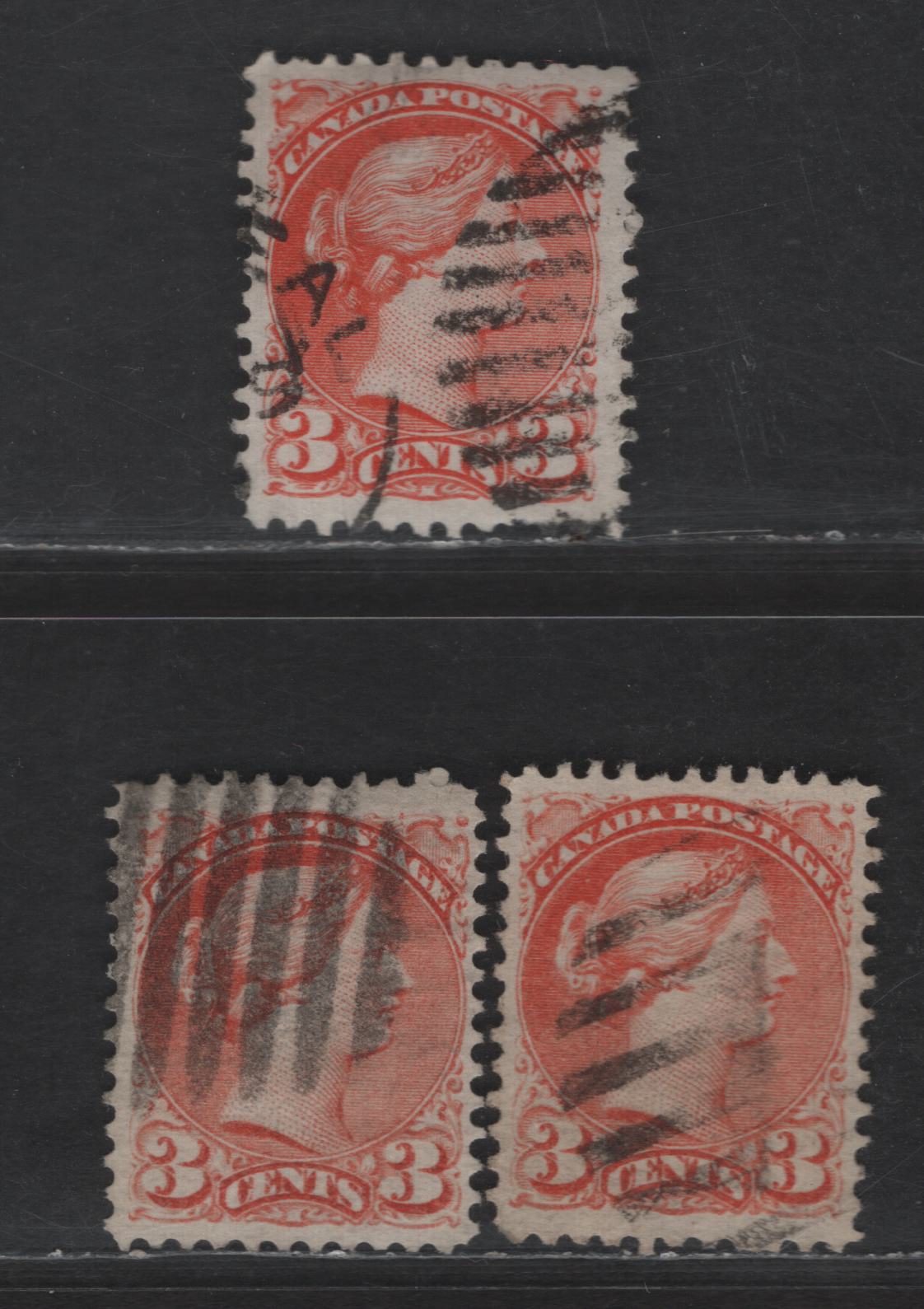 Lot 387 Canada SC#37 3c Red Orange, Orange Red & Bright Red Orange Queen Victoria, 1870-1893 Small Queen Issue, 3 Fine/Very Fine Used Singles, Mid to Late Montreal Printings, Papers MM-U & MM-V, Perf 12, No Pos. Dots