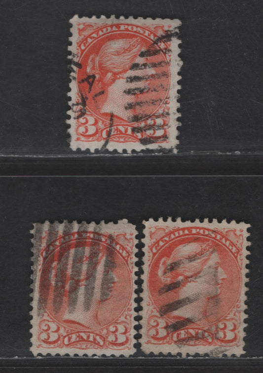 Lot 387 Canada SC#37 3c Red Orange, Orange Red & Bright Red Orange Queen Victoria, 1870-1893 Small Queen Issue, 3 Fine/Very Fine Used Singles, Mid to Late Montreal Printings, Papers MM-U & MM-V, Perf 12, No Pos. Dots