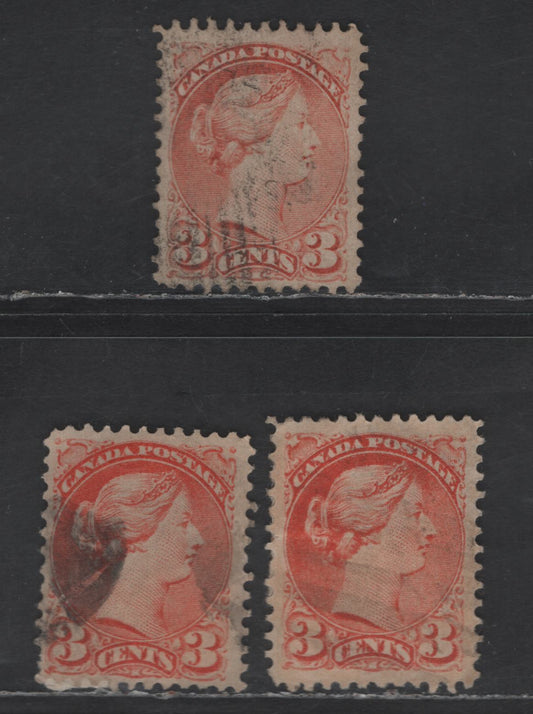Lot 389 Canada SC#37 3c Dull Reddish Orange, Reddish orange & Bright Reddish Orange Queen Victoria, 1870-1893 Small Queen Issue, 3 Very Fine Used Singles, Mid to Late Montreal Printings, Paper MM-D, Perf 12, No Pos. Dots