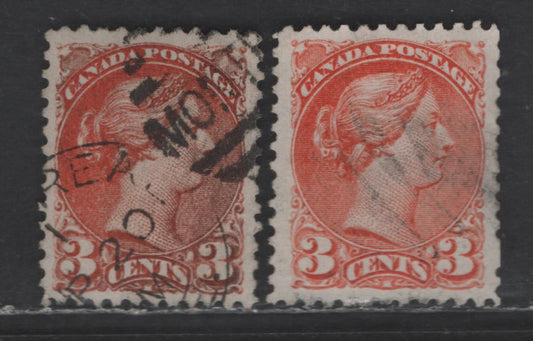 Lot 390 Canada SC#37 3c Bright Orange & Red Orange Queen Victoria, 1870-1893 Small Queen Issue, 2 Very Fine Used Singles, Mid Montreal Printings, Paper MM-X, Perf 12, No Pos. Dots