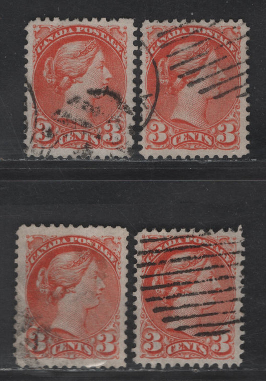 Lot 391 Canada SC#37 3c Reddish Orange Queen Victoria, 1870-1893 Small Queen Issue, 4 Very Fine Used Singles, Mid Montreal Printings, Paper MM-O, Perf 12, No Pos. Dots
