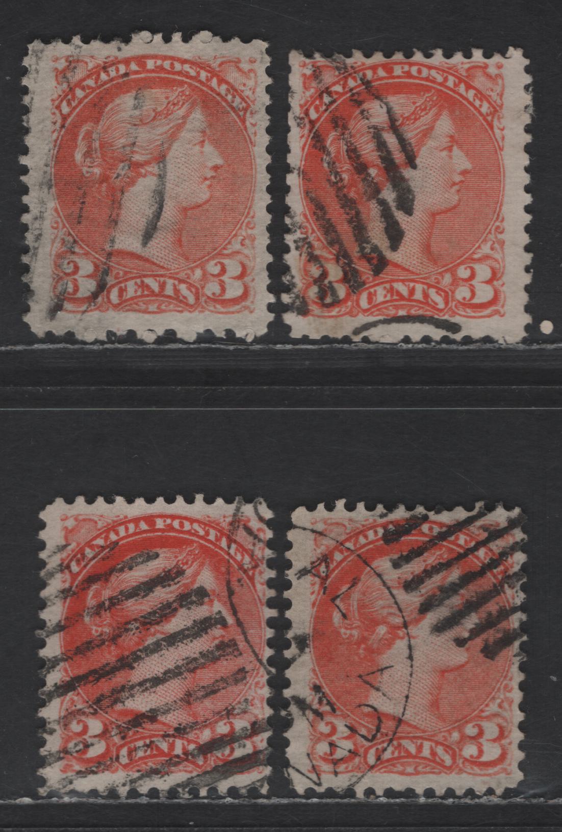 Lot 393 Canada SC#37 3c Dull Reddish Orange, Orange Red Queen Victoria, 1870-1893 Small Queen Issue, 4 Fine Used Singles, Mid to Late Montreal Printings, Paper MM-S & 2O-N, Perf 12, No Pos. Dots