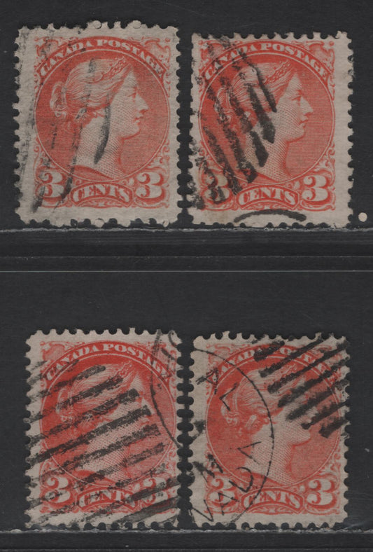 Lot 393 Canada SC#37 3c Dull Reddish Orange, Orange Red Queen Victoria, 1870-1893 Small Queen Issue, 4 Fine Used Singles, Mid to Late Montreal Printings, Paper MM-S & 2O-N, Perf 12, No Pos. Dots