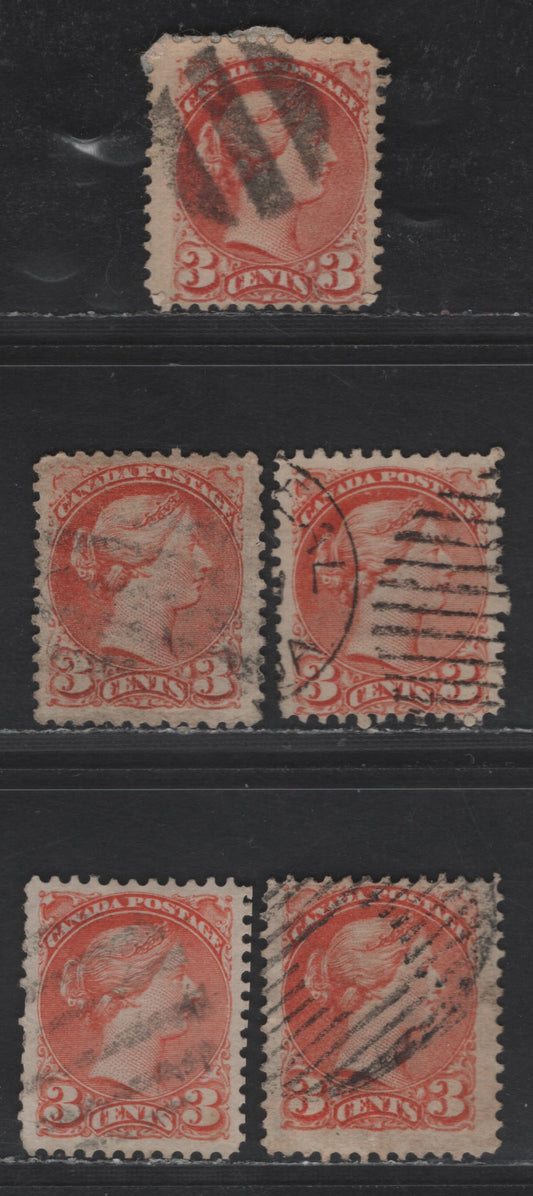 Lot 394 Canada SC#37a, 37 3c Red, Red Orange, Orange Red Queen Victoria, 1870-1893 Small Queen Issue, 5 Fine Used Singles, Mid Montreal Printings, Paper MM-I, Perf 12, No Pos. Dots