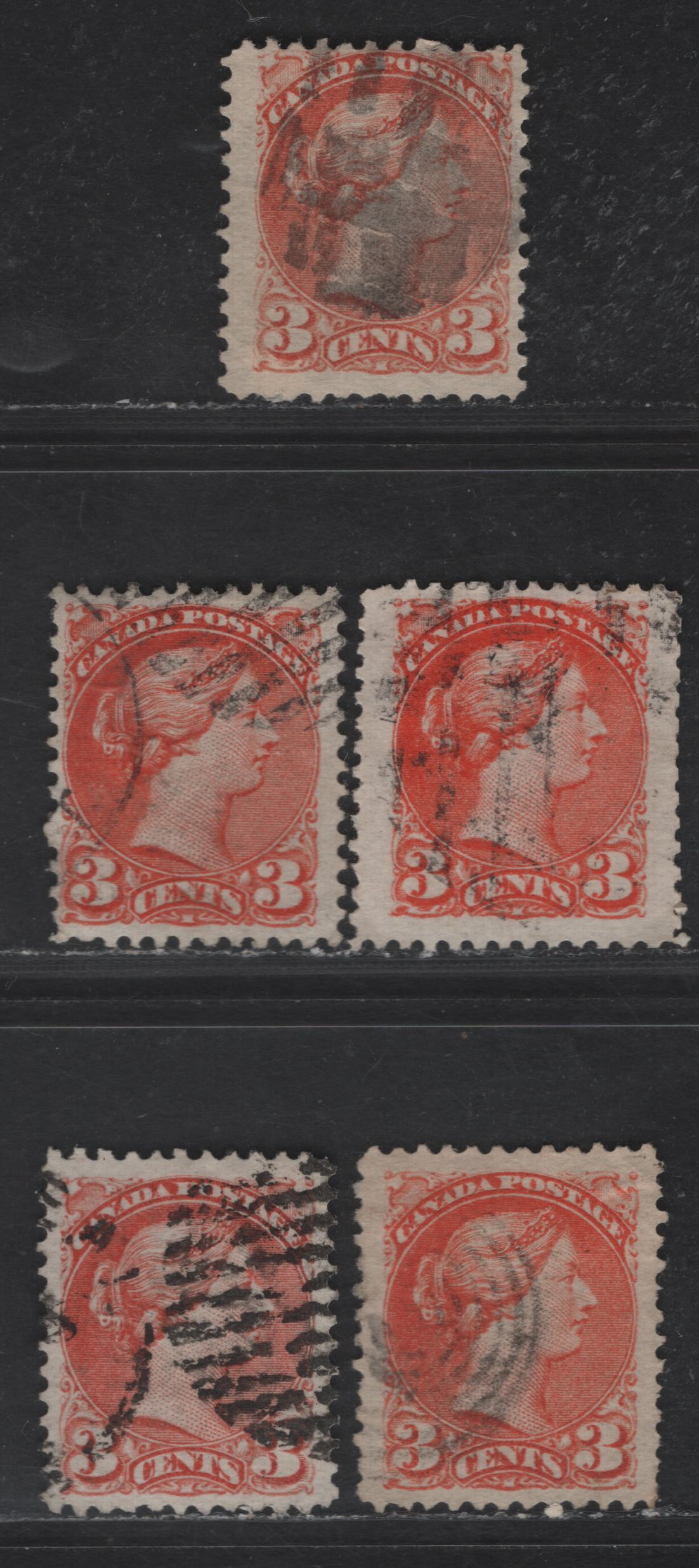 Lot 395 Canada SC#37, 37c 3c Dull Red, Dull Red Orange, Red Orange & Dull Orange Red Queen Victoria, 1870-1893 Small Queen Issue, 5 Fine Used Singles, Mid Montreal Printings, Paper MM-B, Perf 12, No Pos. Dots