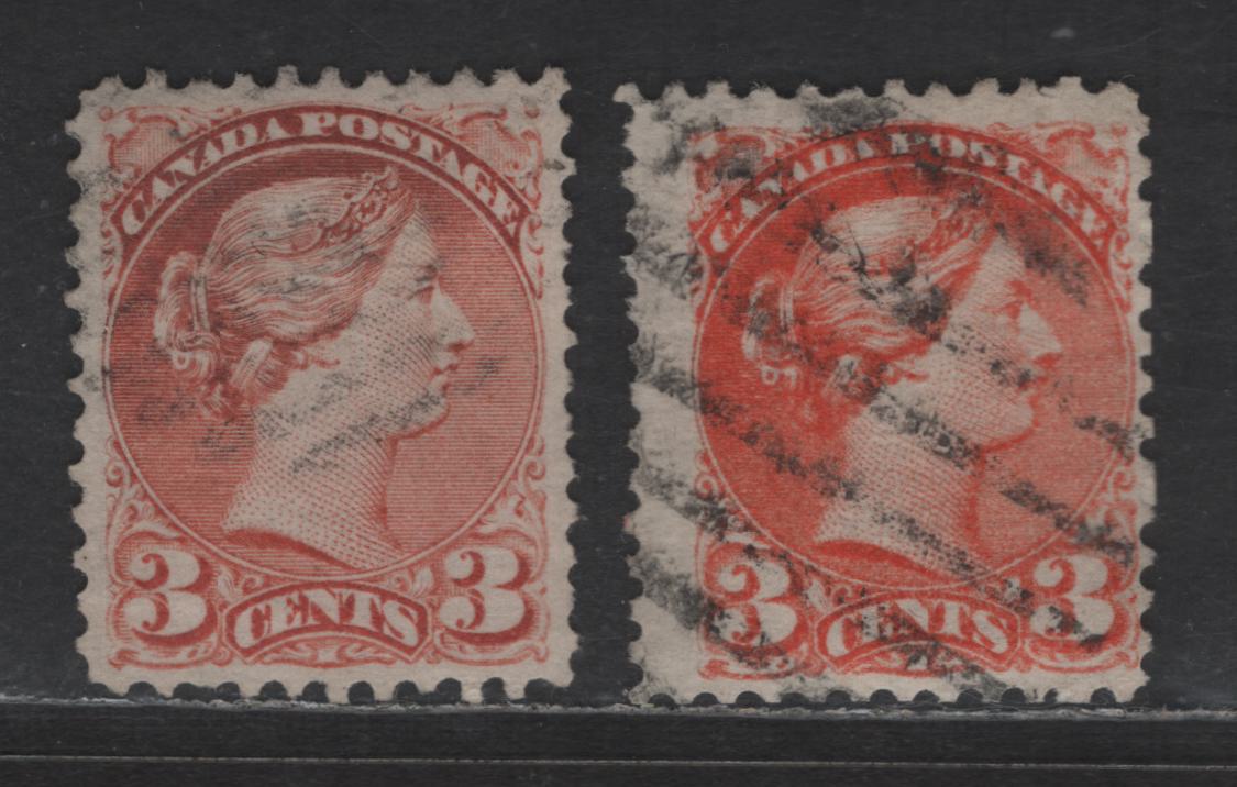 Lot 396 Canada SC#37 3c Dull Orange Red & Bright Red Orange Queen Victoria, 1870-1893 Small Queen Issue, 2 Fine Used Singles, Mid Montreal Printings, Paper MM-I, Perf 12, No Pos. Dots