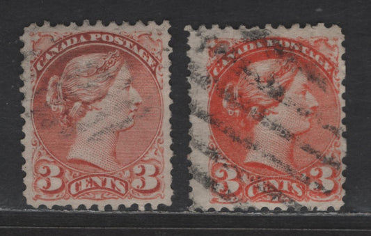 Lot 396 Canada SC#37 3c Dull Orange Red & Bright Red Orange Queen Victoria, 1870-1893 Small Queen Issue, 2 Fine Used Singles, Mid Montreal Printings, Paper MM-I, Perf 12, No Pos. Dots