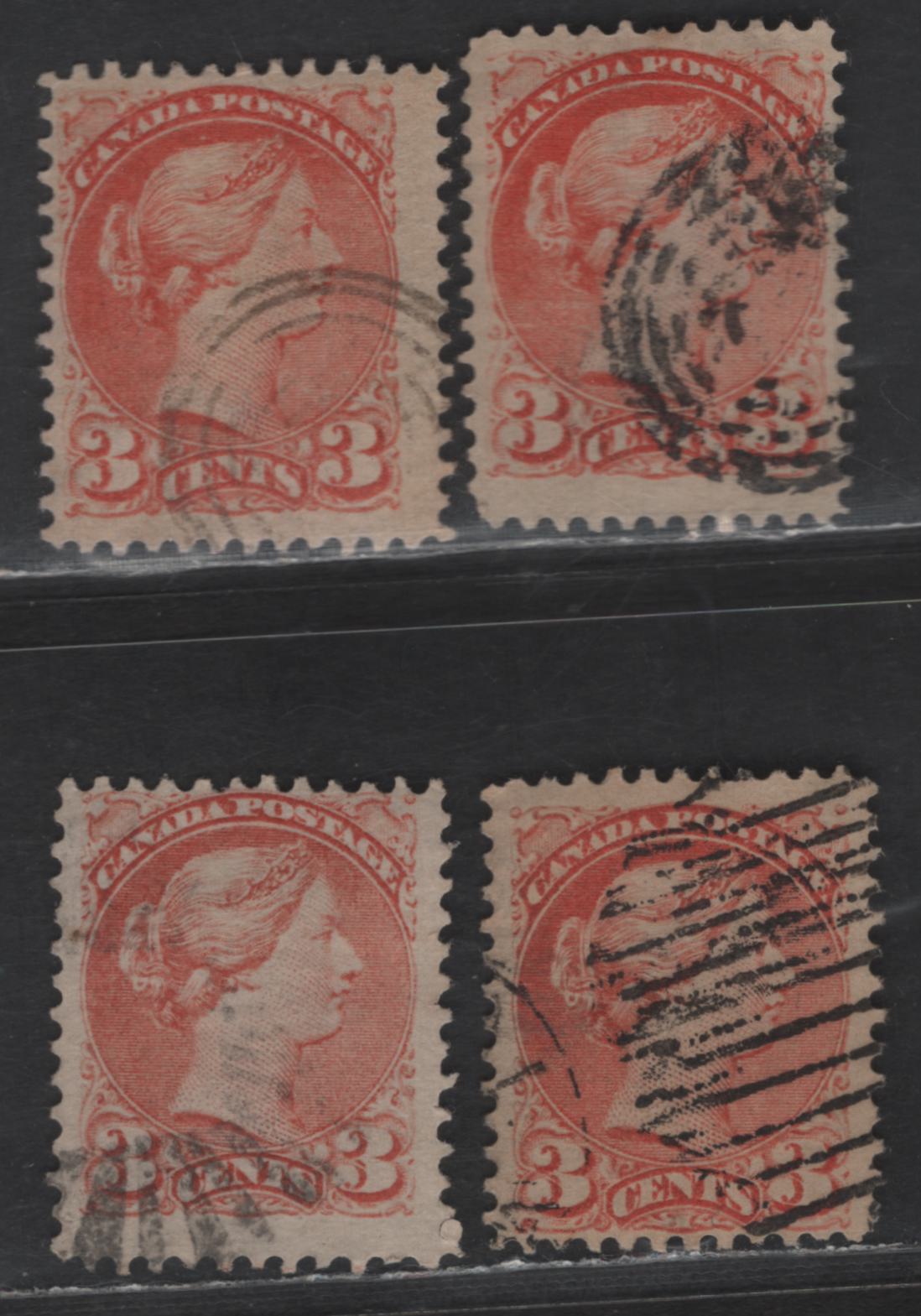 Lot 397 Canada SC#37, 37c 3c Dull Red, Dull Rose Red, Dull Orange Red Queen Victoria, 1870-1893 Small Queen Issue, 4 Very Fine Used Singles, Mid to Late Montreal Printings Papers MM-K & LM-S Perf 12, No Pos. Dots