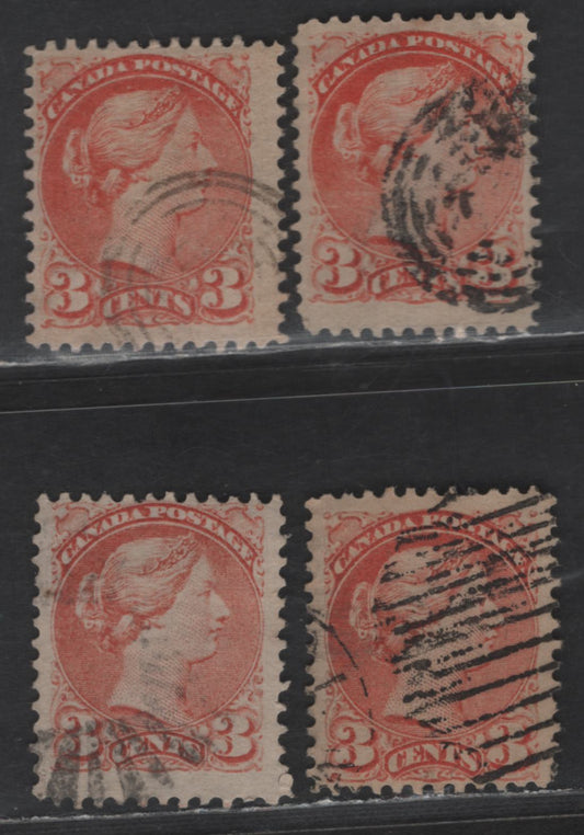 Lot 397 Canada SC#37, 37c 3c Dull Red, Dull Rose Red, Dull Orange Red Queen Victoria, 1870-1893 Small Queen Issue, 4 Very Fine Used Singles, Mid to Late Montreal Printings Papers MM-K & LM-S Perf 12, No Pos. Dots