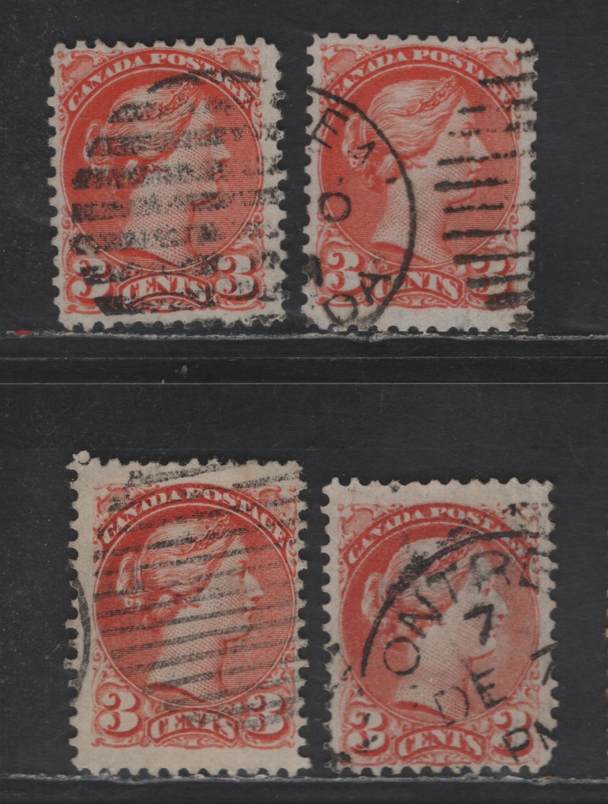Lot 399 Canada SC#37, 37c 3c Dull Orange Red, Orange Red, Red Orange & Bright Red Orange Queen Victoria, 1870-1893 Small Queen Issue, 4 Fine Used Singles, Mid to Late Montreal Printings, Papers MM-X & LM-H, Perf 12, No Pos. Dots