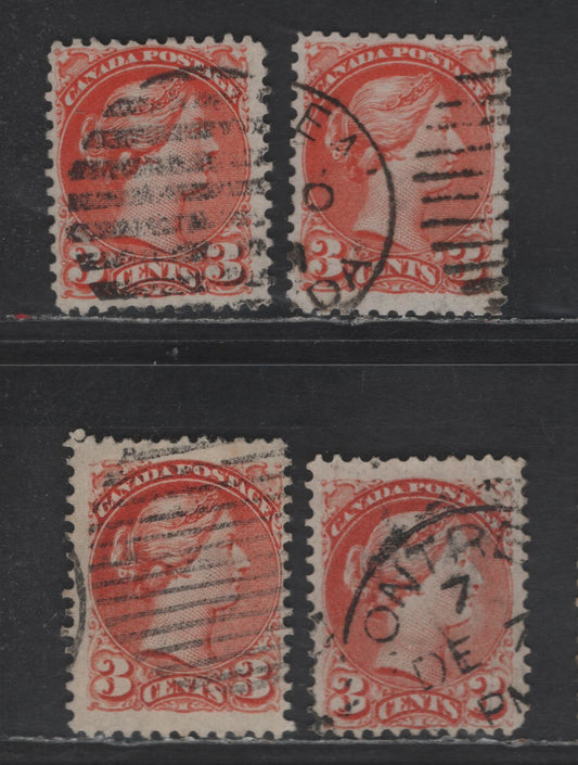 Lot 399 Canada SC#37, 37c 3c Dull Orange Red, Orange Red, Red Orange & Bright Red Orange Queen Victoria, 1870-1893 Small Queen Issue, 4 Fine Used Singles, Mid to Late Montreal Printings, Papers MM-X & LM-H, Perf 12, No Pos. Dots