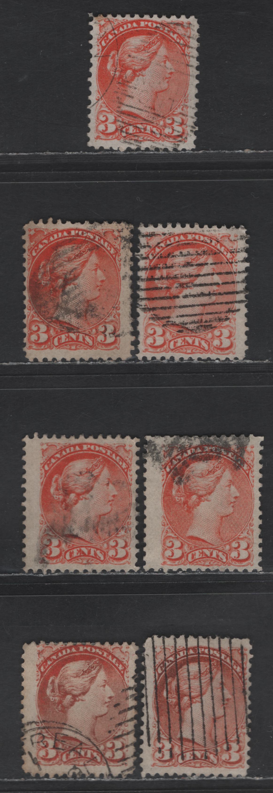 Lot 400 Canada SC#37 3c Bright Red Orange, Red Orange, Deep Red Orange, Orange & Dull Red Orange Queen Victoria, 1870-1893 Small Queen Issue, 7 Fine Used Singles, Mid Montreal Printings, Paper MM-R, Perf 12, No Pos. Dots