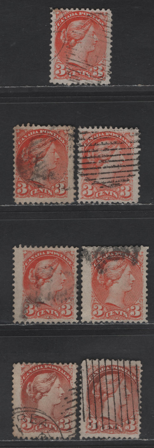 Lot 400 Canada SC#37 3c Bright Red Orange, Red Orange, Deep Red Orange, Orange & Dull Red Orange Queen Victoria, 1870-1893 Small Queen Issue, 7 Fine Used Singles, Mid Montreal Printings, Paper MM-R, Perf 12, No Pos. Dots