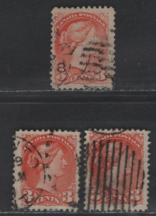 Lot 401 Canada SC#37 3c Deep bright Red Orange, Deep Orange, Pale Orange Red Queen Victoria, 1870-1893 Small Queen Issue, 3 Fine Used Singles, Mid Montreal Printings, Paper MM-Q, Perf 12, No Pos. Dots
