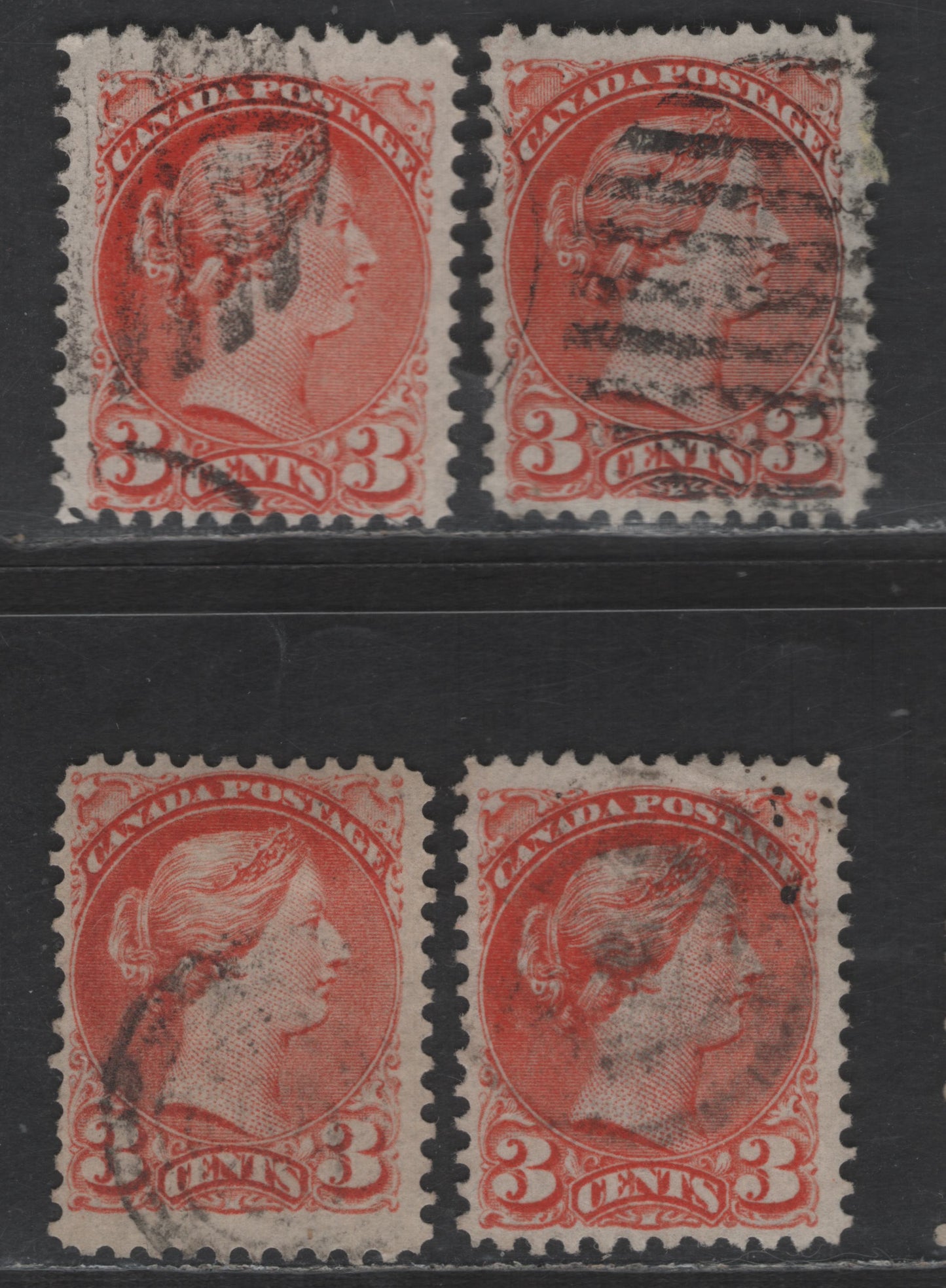 Lot 402 Canada SC#37 3c Bright Orange, Red Orange, Dull Red Orange & Dull Orange Red Queen Victoria, 1870-1893 Small Queen Issue, 4 Fine Used Singles, Mid Montreal Printings, Paper MM-O, Perf 12, No Pos. Dots