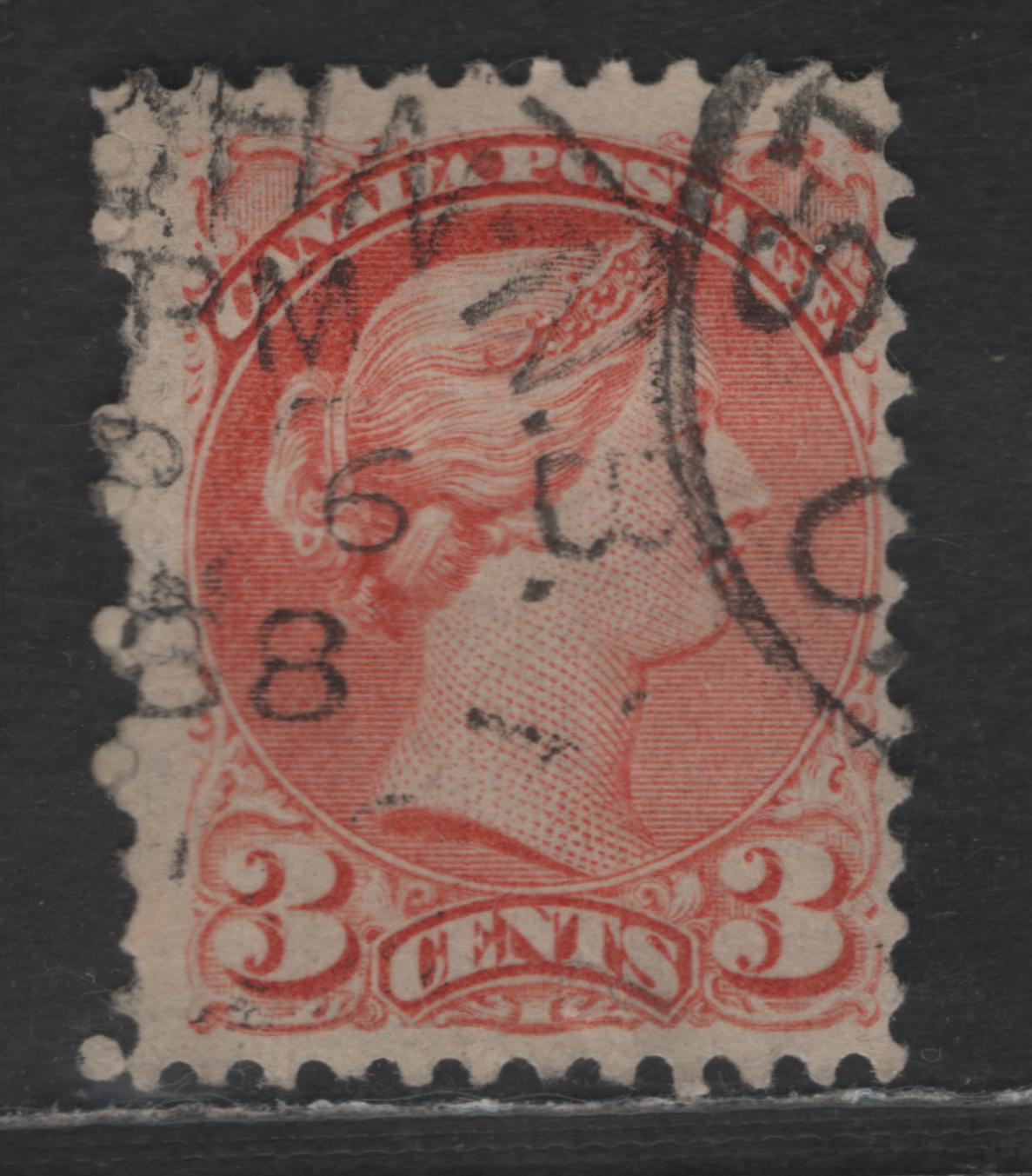 Lot 403 Canada SC#41 3c Dull Vermillion Queen Victoria, 1870-1893 Small Queen Issue, A Very Good Used Single, Montreal Gazette Printing, Paper MG-E, Perf 12, No Pos. Dots