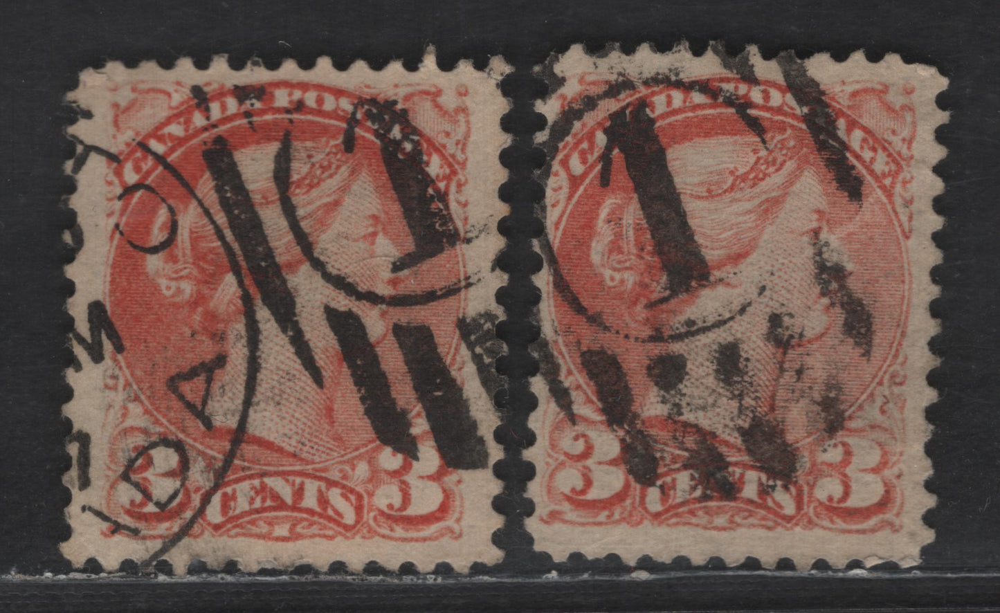 Lot 404 Canada SC#37c, 37var 3c Dull Rose Red Queen Victoria, 1870-1893 Small Queen Issue, 2 Fine/Very Fine Used Singles, Montreal Gazette Printings, Paper LM-F, Perfs 11.9x12.25 & 12x12.25, No Pos. Dots