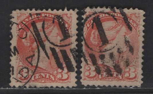 Lot 404 Canada SC#37c, 37var 3c Dull Rose Red Queen Victoria, 1870-1893 Small Queen Issue, 2 Fine/Very Fine Used Singles, Montreal Gazette Printings, Paper LM-F, Perfs 11.9x12.25 & 12x12.25, No Pos. Dots