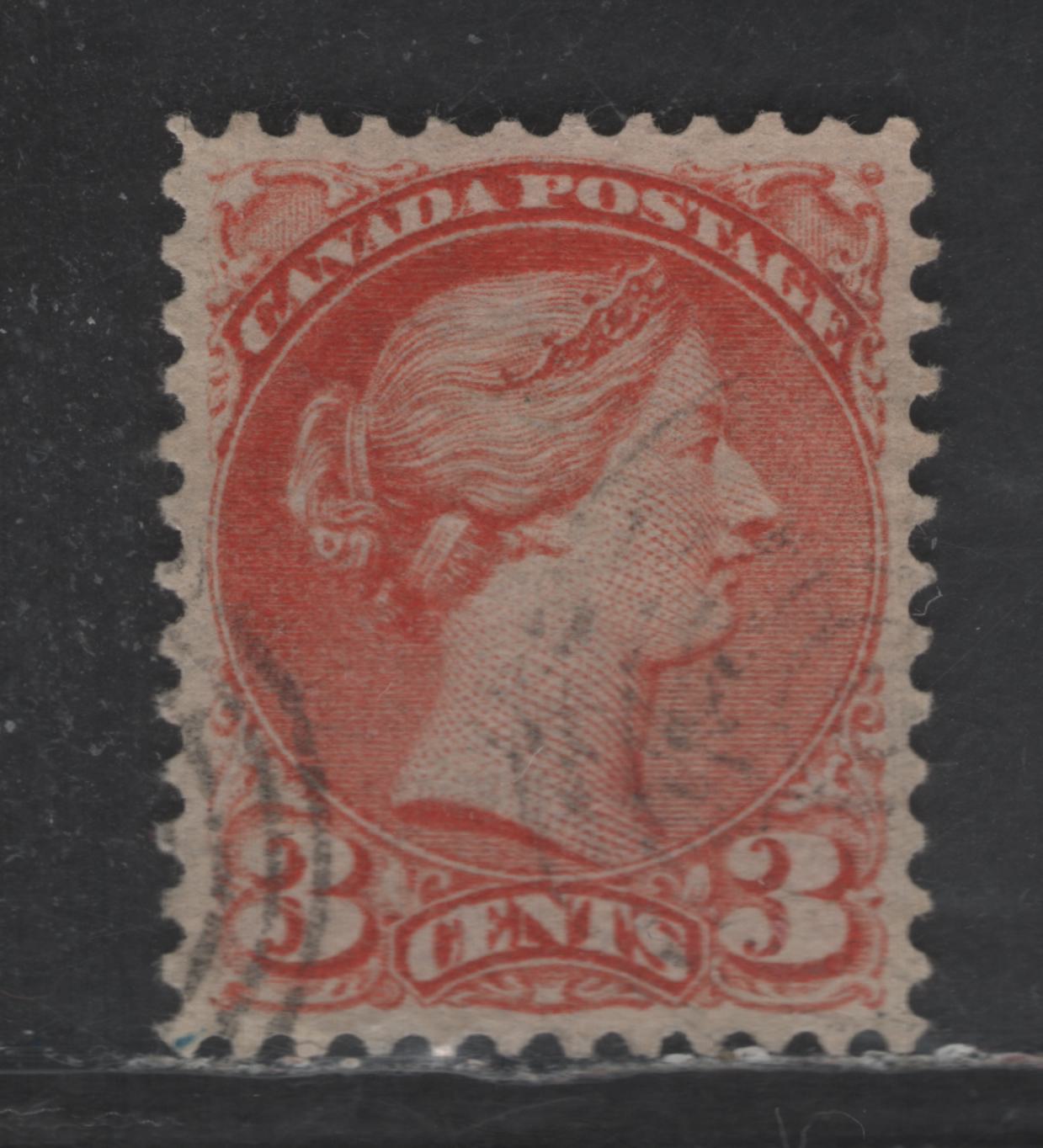 Lot 405 Canada SC#41var 3c Dull Red Orange Queen Victoria, 1870-1893 Small Queen Issue, A Very Fine Used Single, Montreal Gazette Printing, Paper 2O-A, Perf 12x12.25, No Pos. Dot
